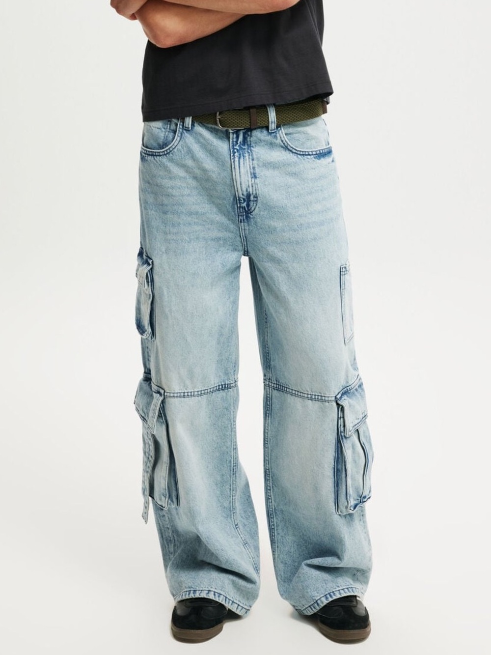 Cotton On Super Baggy Cargo Jeans Mens 34 Starlite Blue Denim Pants NWT